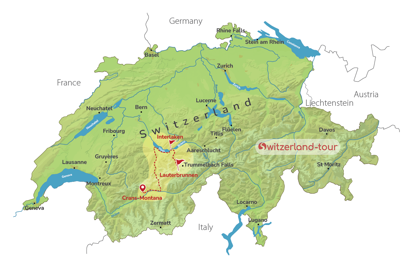 A Day at Lake Brienz and the Valley of 72 Waterfalls from Crans-Montana