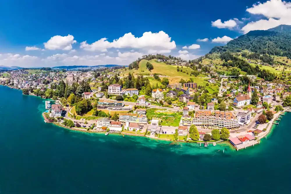 Weggis Village on Lake Lucerne with Mount Rigi in the background