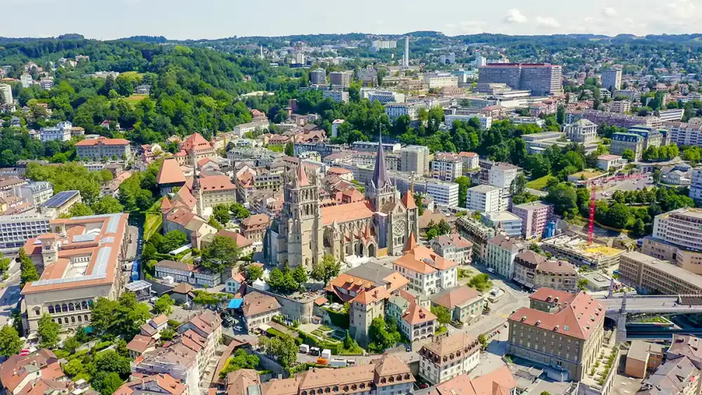 Aerial view of Historical City centre and Cathedral of Lausanne